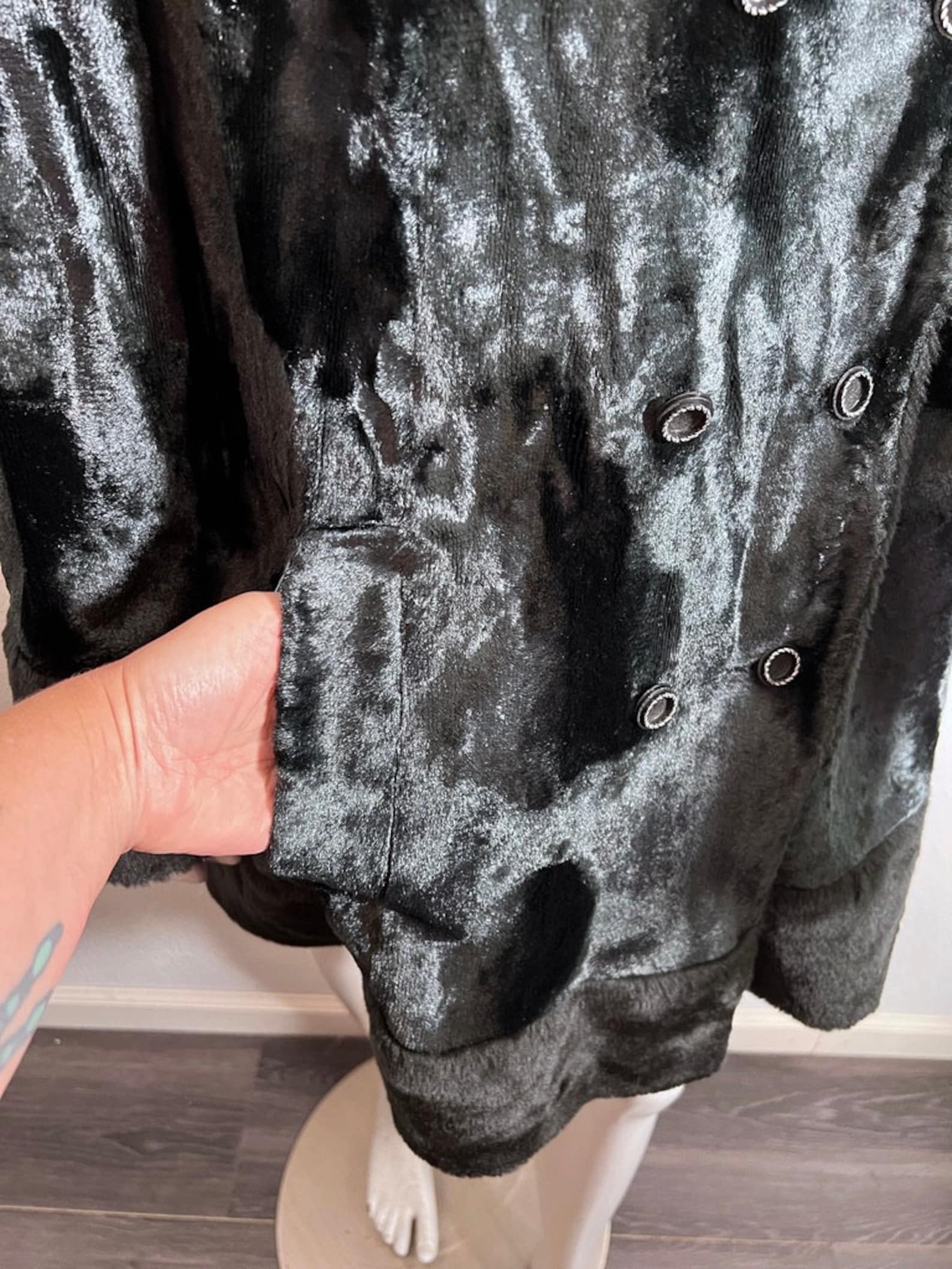 60s black faux fur mod coat with pink satin lining