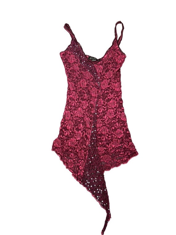 Great Y2K Ann Ferriday Dark Red Asymmetrical Stretch Lace