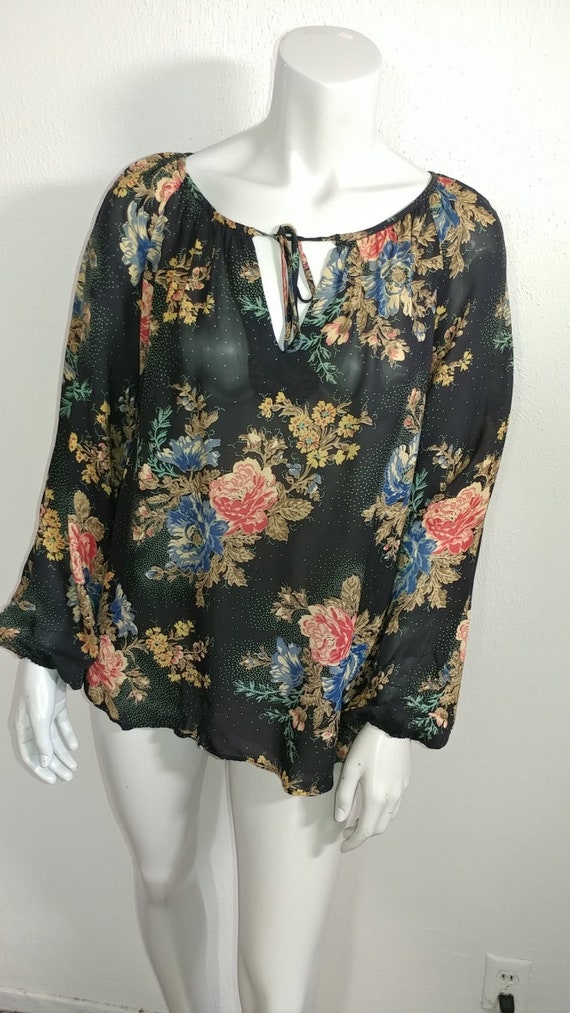 Boho Vintage 1970s Floral Rayon Peasant Blouse L - image 2