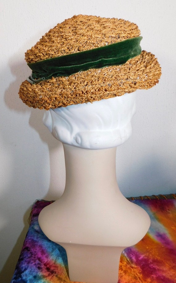 Cute Vintage 30s 40s Woven Raffia Straw Hat w Dan… - image 4