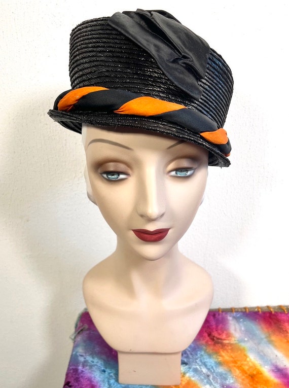 Antique 1910s Black Straw Toque Hat w Black & Ora… - image 3