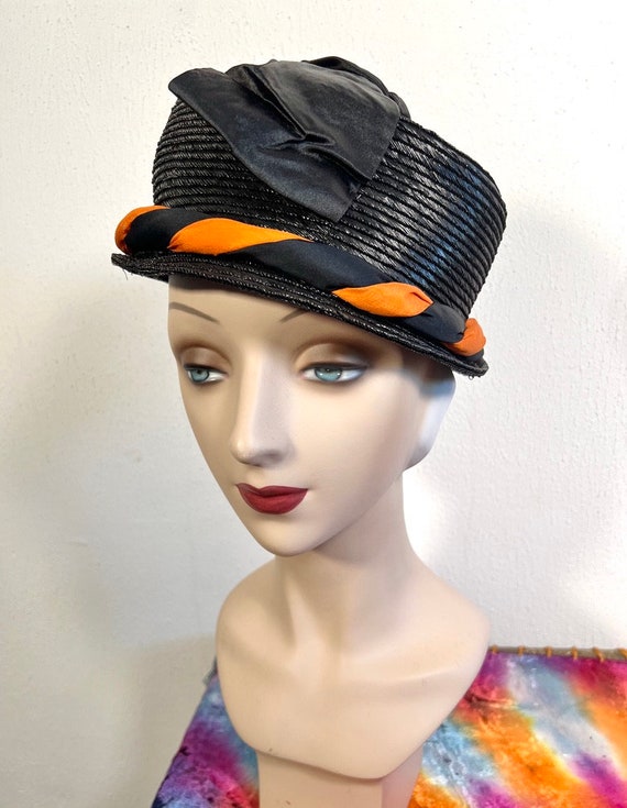 Antique 1910s Black Straw Toque Hat w Black & Ora… - image 9