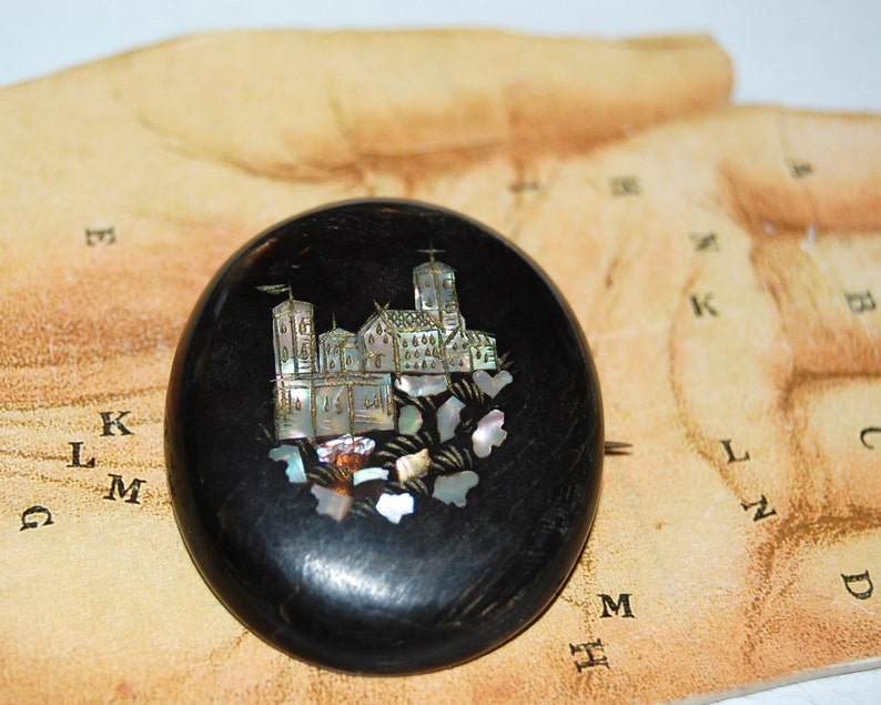 Antique Circa 1870 Victorian Mourning Welsh Castle Brooch image 2