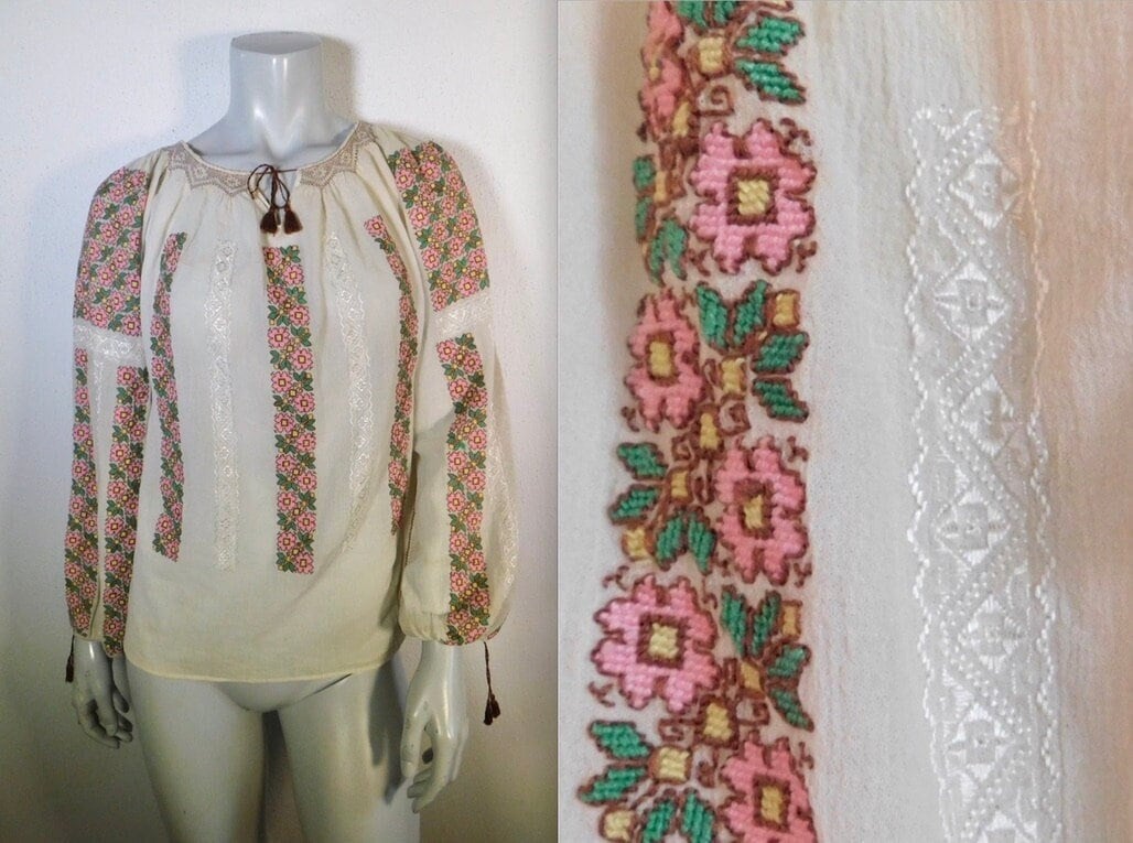 トップス 1940s Blue Embroidered Romanian Blouse S Darling 1940s Romanian Embroidered Cotton Gauze Peasant