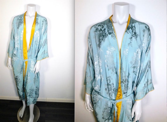 Vintage 30s 40s Deco Pastel Blue & Yellow Kimono R