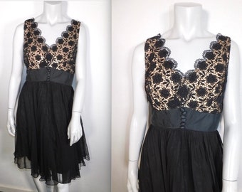 Sweet Vintage 60s Miss Elliette Lace & Chiffon Black Party Dress