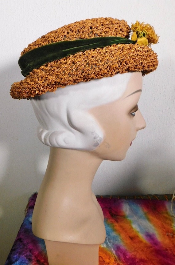 Cute Vintage 30s 40s Woven Raffia Straw Hat w Dan… - image 2