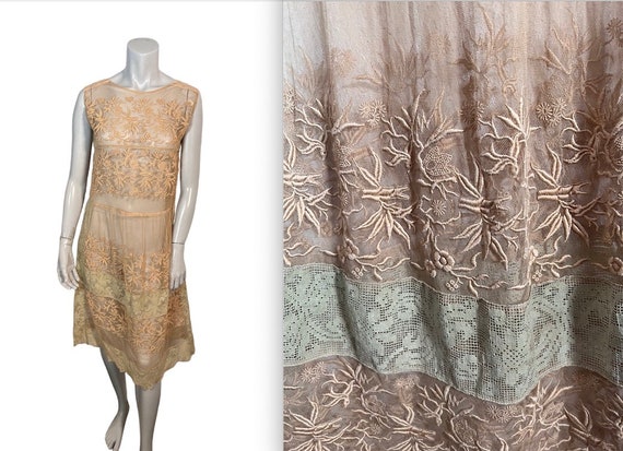 Gorgeous 1920s Embroidered Net & Filet Lace Flapp… - image 1