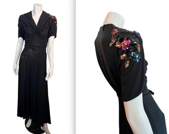 Vintage 30s to 40 Black Rayon Crepe Maxi Dress w Gelatin Sequin Shoulders