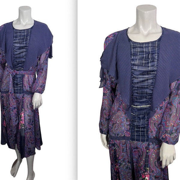 Wonderful Vintage 80s Diane Freis Mixed Prints Draped Shoulder Drop Waist Dress L