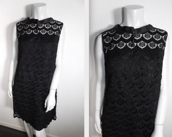 Mod Vintage 1960s Lace Little Black Dress Shift Dress