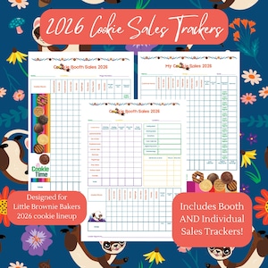 May include: A colorful graphic featuring cookie sales trackers for 2026. The design includes the text "2026 Cookie Sales Trackers," "Cookie Booth Sales 2026," and "My Cookie Sales 2026." The image also includes the text "Designed for Little Brownie Bakers 2026 cookie lineup" and "Includes Booth AND Individual Sales Trackers!"