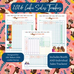 Peut inclure: Ensemble de feuilles de suivi des ventes de cookies pour 2026, avec un fond floral rose et des furets. Les feuilles incluent des feuilles de vente de stand et individuelles, conçues pour la gamme de cookies ABC Bakers 2026. Le texte comprend "Cookie Time".