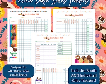 May include: A set of cookie sales trackers for 2026, featuring a pink floral background with ferrets. The trackers include booth and individual sales sheets, designed for ABC Bakers 2026 cookie lineup. The text includes "Cookie Time".