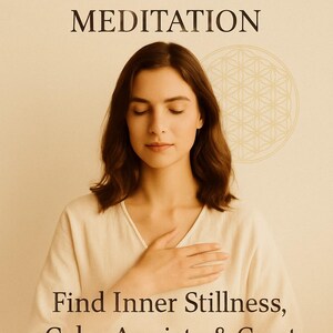 May include: Image promoting meditation and relaxation. The text reads "NERVOUS SYSTEM REGULATION MEDITATION" and "Find Inner Stillness, Calm Anxiety & Create Spacious, Grounded Clarity from Within." A person with closed eyes and hand on chest is centered.