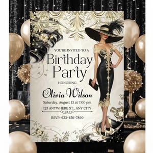 Pode incluir: Um convite para uma festa de aniversário com tema preto e dourado. O convite apresenta uma mulher com um vestido preto e um chapéu. O texto diz: "Você está convidado para uma festa de aniversário em homenagem a Olivia Wilson."