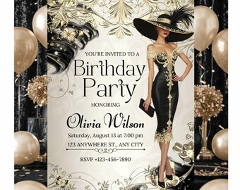 May include: An elegant birthday party invitation with a black and gold theme. The invitation features a woman in a black dress and a wide-brimmed hat. Text includes "Birthday Party" and the honoree's name, Olivia Wilson.
