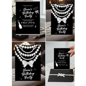 Black White Birthday Invitation and Evite, Pearl Bow Champagne Invite, Elegant Chanel Inspired Party Evite, Canva Editable Instant Download