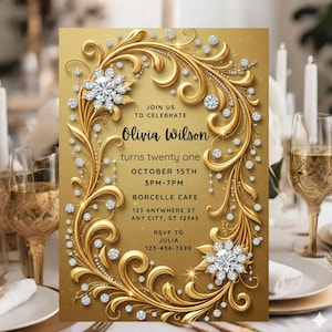 Luxe gouden diamant bloemen schittering verjaardagsuitnodiging voor haar, glamoureuze goud filigraan en diamant schittering, gepersonaliseerde digitale uitnodiging