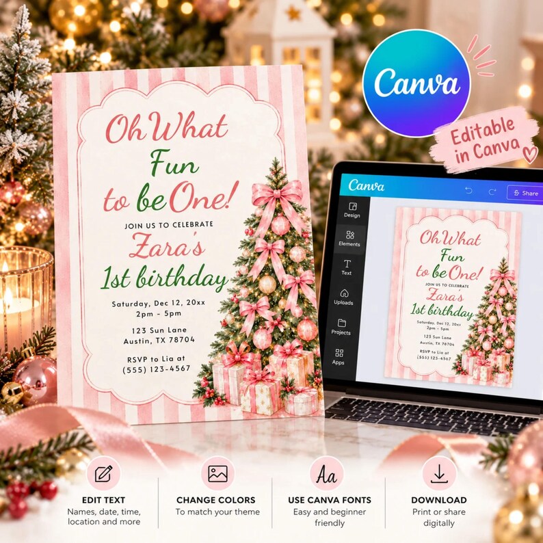 Oh What Fun to Be One Invitation, Pink Christmas Tree 1st Birthday ...
