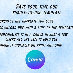 May include: A light blue background with the text "Save your time our simple-to-use template." Instructions include: purchase template, download PDF, personalize in Canva, and share. A Canva logo is at the bottom.