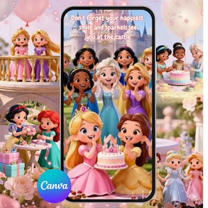 Può includere: Un'illustrazione digitale con diverse principesse dei cartoni animati, tra cui Biancaneve, Ariel e Belle, con una torta di compleanno e palloncini. L'immagine contiene il testo "Non dimenticare il tuo sorriso più felice e le scintille ti vedono al castello."