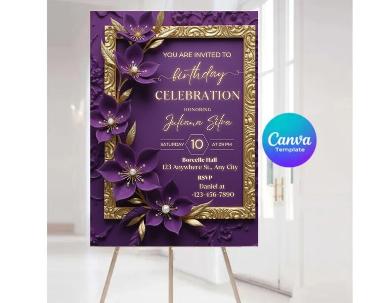 May include: A purple birthday celebration invitation with gold accents and floral embellishments. The invitation includes the text "You are invited to birthday celebration honoring Juliana Silva" and event details. The invitation is displayed on an easel.