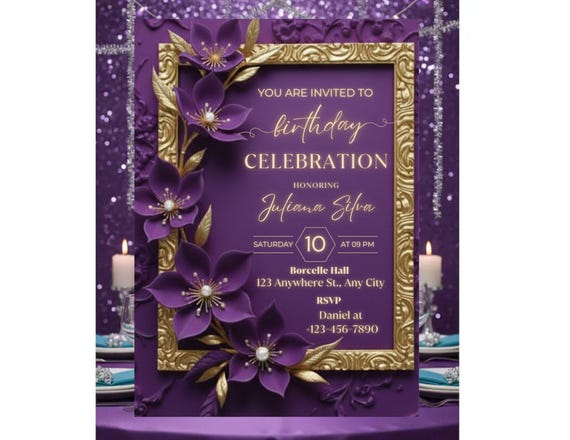 Elegant purple gold Floral Birthday Invitation Template | Elegant Gold Frame Birthday Party Invite for Women,Classy birthday invite.