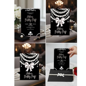 Black Pearl Birthday Invitation and Evite, Elegant Bow Party Invite (Digital Download)
