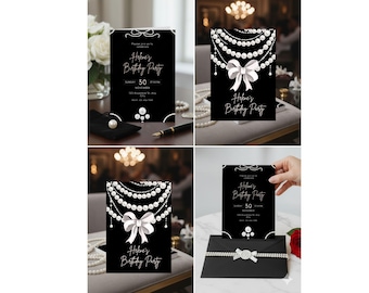 Puede incluir: Una tarjeta de invitación de cumpleaños negra con ilustraciones de collares de perlas blancas, un gráfico de lazo blanco y el texto Please join us to celebrate Helene's Birthday Party, Sunday 30 November, 125 Anyplace St, Any City, RSVP 123 456 7890.