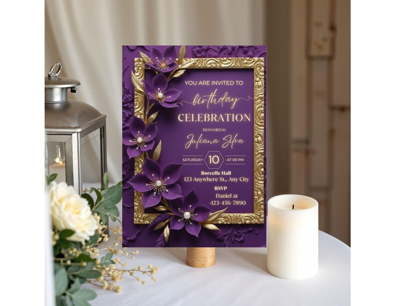 May include: A purple birthday celebration invitation with gold accents. The invitation features a gold frame, floral embellishments, and the text "YOU ARE INVITED TO birthday CELEBRATION". The invitation includes the honoree's name, date, time, and RSVP information.