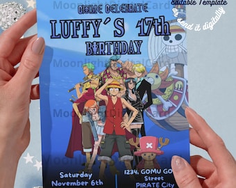 Invitación de cumpleaños de One Piece, editable, digital o imprimible.
