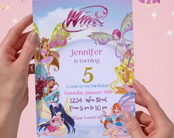 Tarjeta de cumpleaños Winx, editable en Canva, hadas, digital o imprimible, invitación