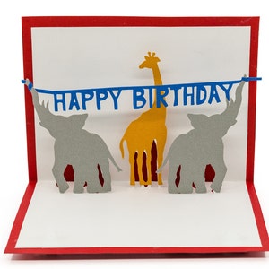 Tarjeta emergente 3D de feliz cumpleaños con diseño de animales de circo: elefante y jirafa, regalo para niños, amantes del carnaval y entusiastas del zoológico
