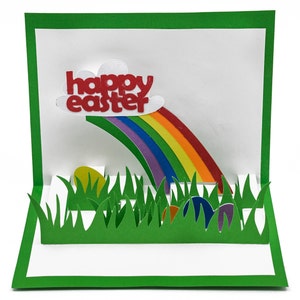 Carte de voeux pop-up 3D Joyeuses Pâques : aventure de chasse aux œufs arc-en-ciel vibrante - cadeau de fête du printemps fait main