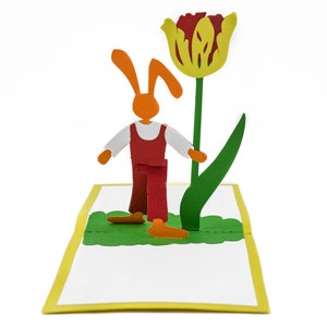 Carte pop-up 3D lapin de Pâques et tulipe, souvenir floral de voeux de joyeux printemps, carte de voeux fantaisiste de lapin