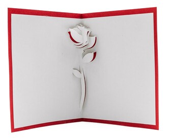 Könnte beinhalten: Eine rote und weiße 3D-Pop-up-Karte mit einer weißen Papierrose mit rotem Rand.