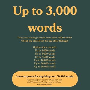 May include: A dark green graphic with the text "Up to 3,000 words" in gold. Additional text includes options for word counts up to 30,000 words and custom quotes for over 30,000 words. The image encourages the viewer to check the storefront for other listings.
