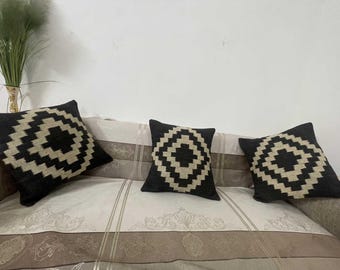 Handgemachte Wolle Jute Kissenbezug | Schwarz Beige Geometrischer Kelim, 18x18