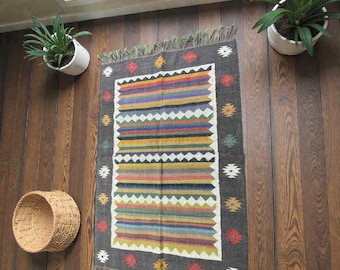 Handwoven Wool Jute Runner Rug | Multicolor Striped Kilim Carpet