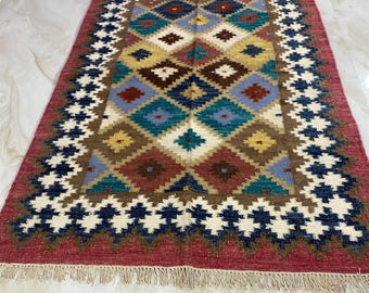 Handwoven Wool Kilim Rug | Geometric Tribal Area Carpet