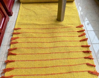 Handwoven Yellow Cotton Yoga Mat | Boho Meditation Rug with Orange Tassels