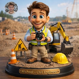 May include: A figurine of a smiling civil engineer holding a camera, wearing a safety vest and boots, standing on a construction site base. A yellow hard hat and construction equipment are also present. The base reads "Michael - Civil Engineer".