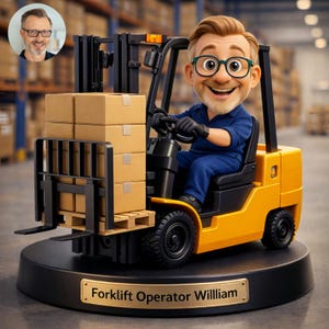May include: A yellow forklift toy with cardboard boxes on a pallet. The driver is a cartoon figure wearing glasses and a blue uniform. The base has the text "Forklift Operator William".