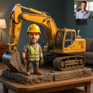 May include: A yellow excavator model with a miniature construction worker figurine wearing a yellow hard hat and safety vest. The toy is on a concrete base with a nameplate. The background includes a person in a blue shirt.