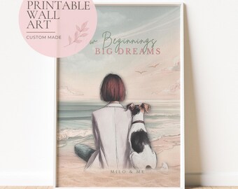 Illustration de plage charmante à imprimer | Femme avec chien en téléchargement numérique | Cadeau portrait d'animal de compagnie personnalisé