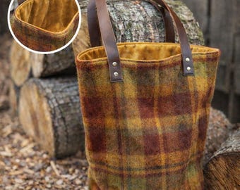 Handmade Plaid Wool Tote Bag | Leather Handles, Velvet Lined