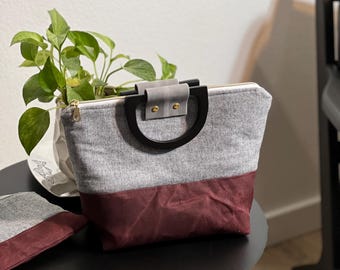 Handmade Gray Wool Tote Bag, Wooden Handle Handbag with Zipper Pouch to Match