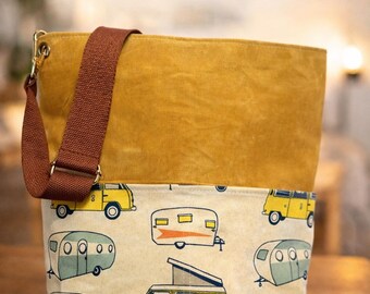 Waxed Canvas Tote Bag with Vintage Camper Print