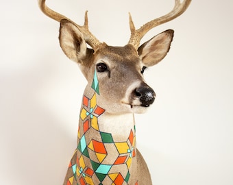 READY TO SHIP - Quilt Inspired Hand-Painted Taxidermy Deer